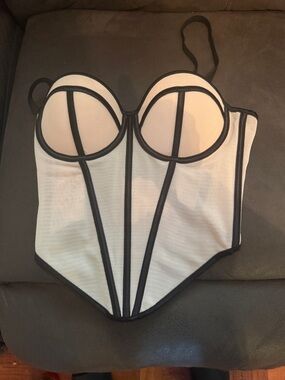 Women’s White Bustier Corset Top with Black Piping